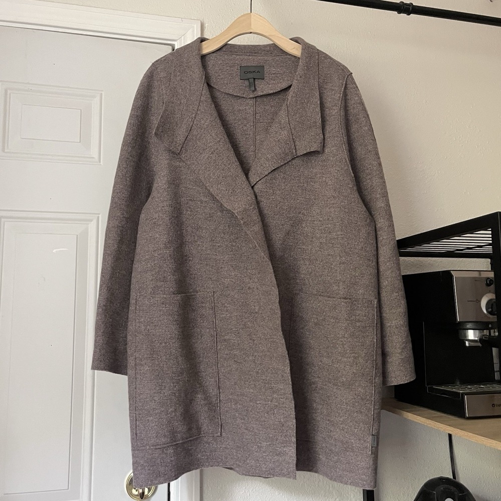 OSKA brown mauve virgin wool long line thigh length snap double breasted coat